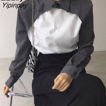 Yipinpay 2023 Spring Korean style Long Sleeve Button Up Women Shirt Office Lady Patchwork Ladies Blouse Fashion Work Clothes Tops
